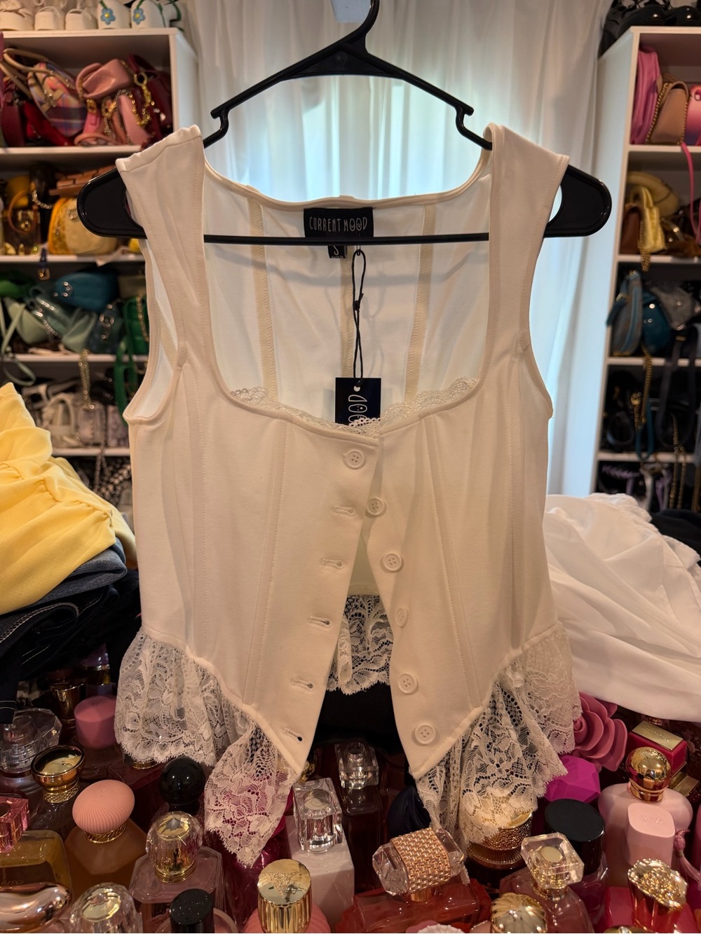 Current Mood Ivory Lace-Trim Button Front Camisole
